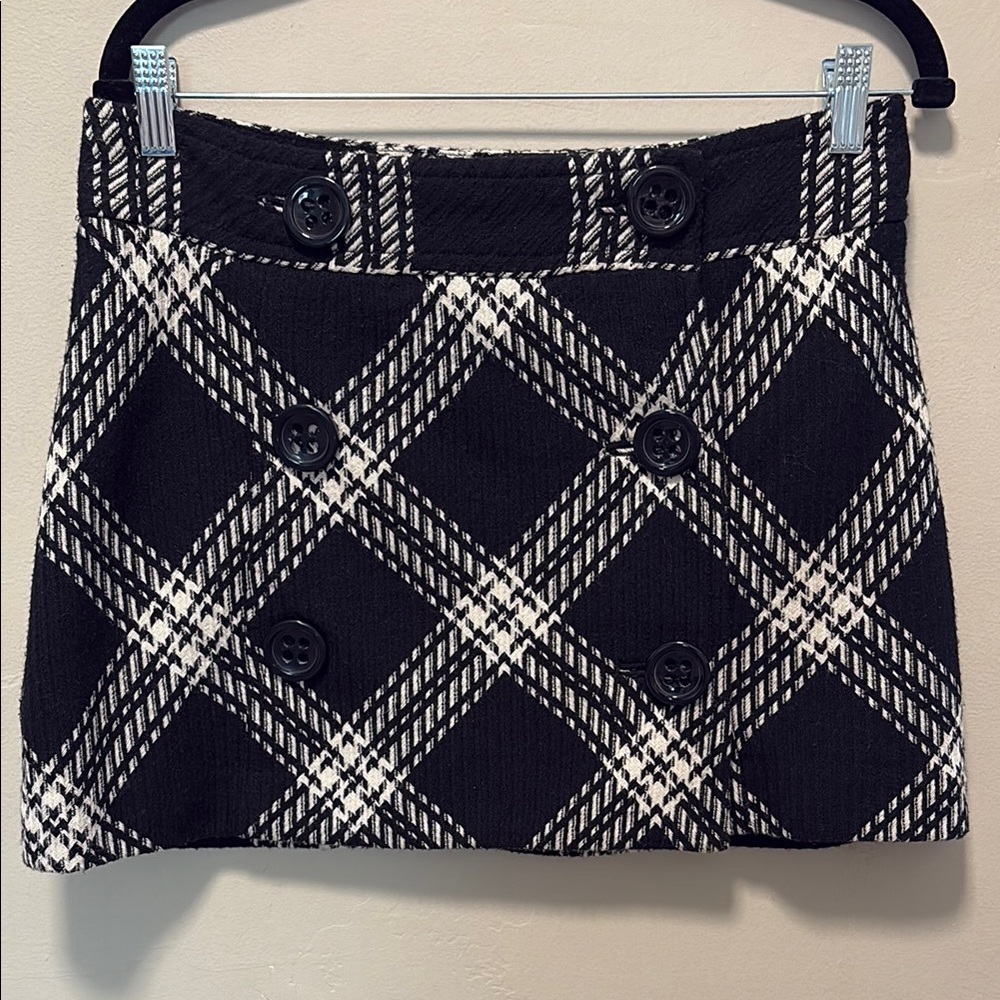 Black and White Plaid Button-Front Mini Skirt